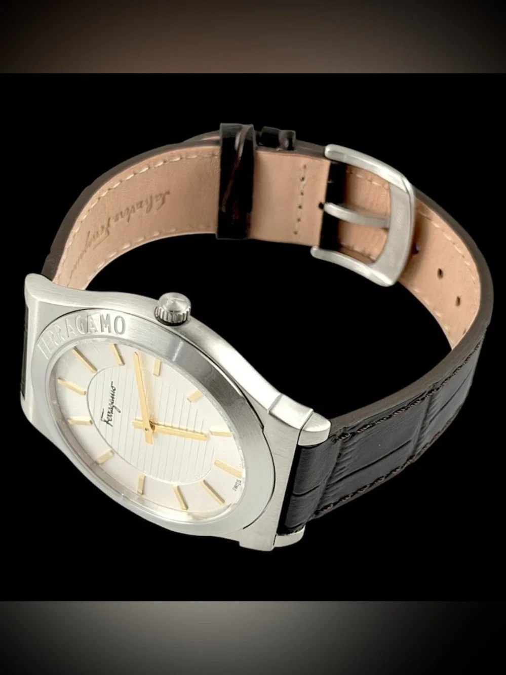 Brand New Salvatore Ferragamo Silver Dial Watch with Brown Leather Strap